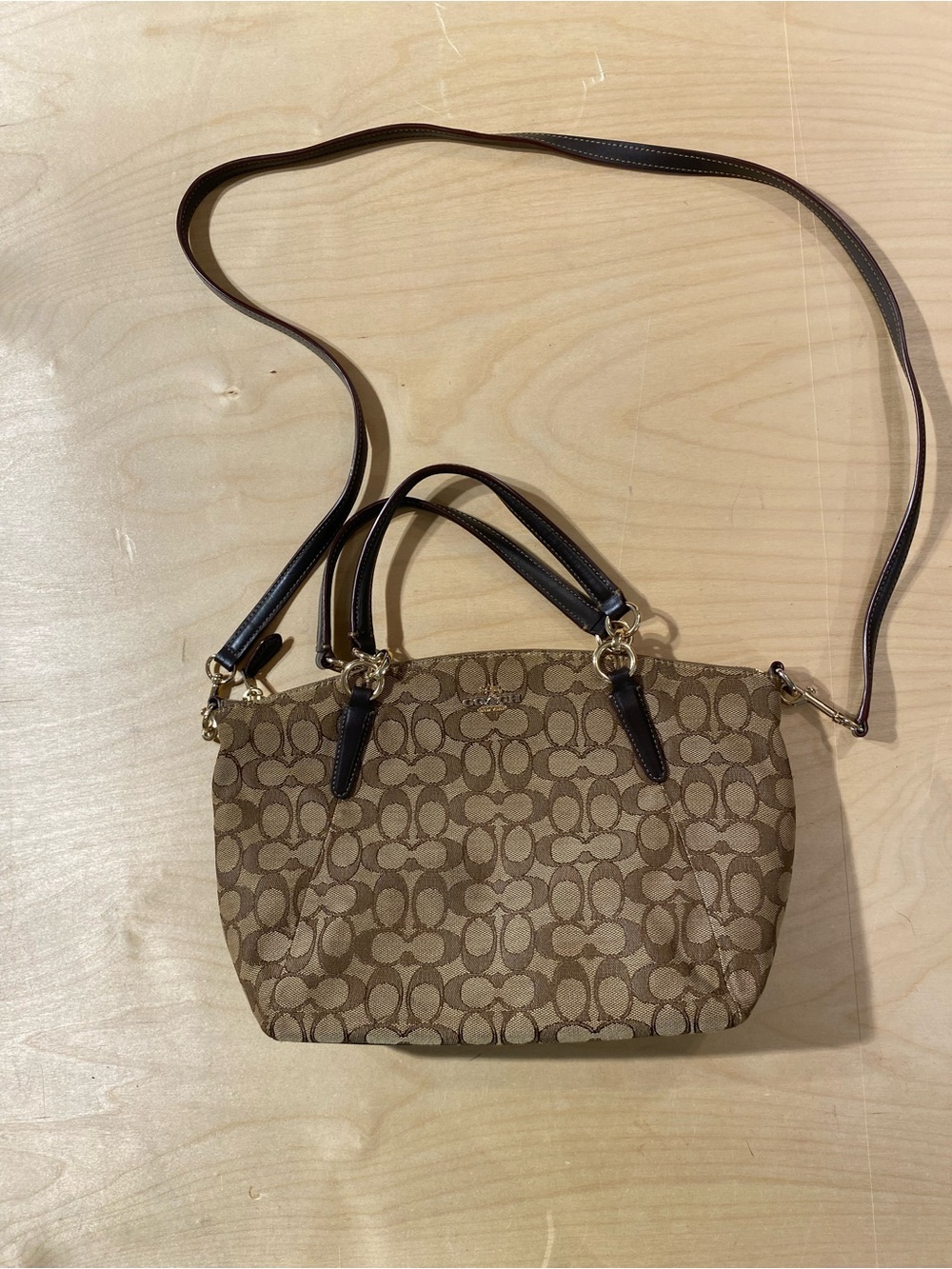 Coach Monogram Canvas Crossbody Satchel in Khaki and Dark Brown (SK) - Picture 2 of 11